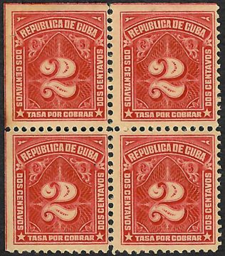 1914-07-01 Cuba Stamp Block, Scott J6, Postage due 2 Cents(New)