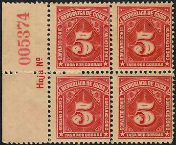 1914-07-01 Cuba Stamp Plate Block, Scott J7, Postage due 5 Cents(New)