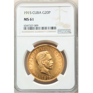 1915 20 Pesos Cuba Gold Coin MS61 KM# 21