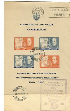 1940 Philatelic sheet, Centenario Publicacion Repertorio Medico-Habanero
