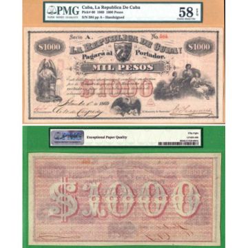 1869 Republica de Cuba 1000 Pesos Note PMG58