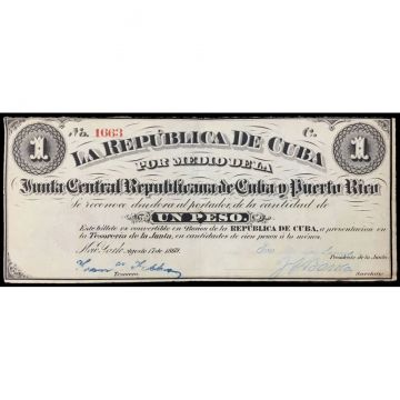 1869 Cuba 1 Peso Junta Central Republicana Cuba-Puerto Rico Serie C