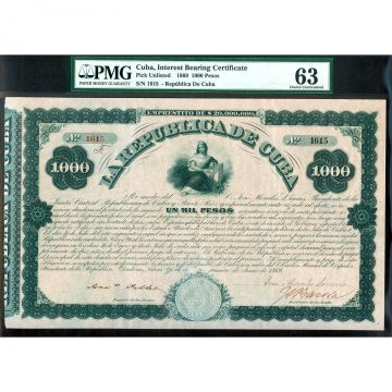 1869 Bond 1000 Pesos Republica de Cuba, UNC PMG63