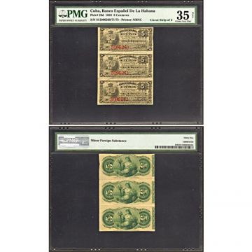 1883 Cuba 5 centavos strip of 3, Banco Espanol de Habana PMG35