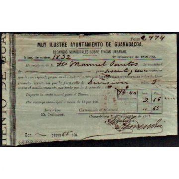 1891 Guanabacoa, recibo por pago de impuestos