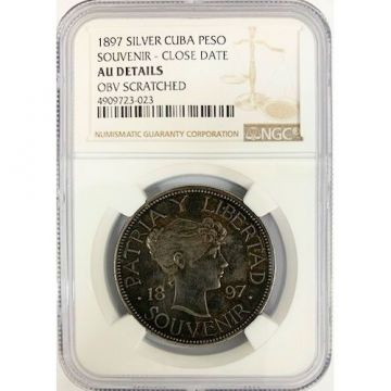 1897 1 Peso Cuba Silver Souvenir Coin Type II, dot below date line AU Details