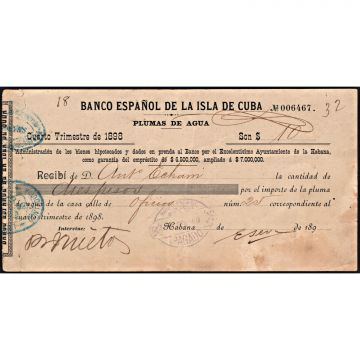 1898 Recibo por pago de plumas de agua, Cuarto trimestre