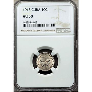 1915 10 Centavos Cuba Silver Coin AU58 KM# A12