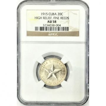 1915 20 Centavos Cuba Silver Coin AU58 KM# 13.1