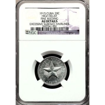 1915 20 Centavos Cuba Silver Coin AU KM# 13.1