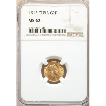 1915 2 Pesos Cuba Gold Coin MS62 KM# 17