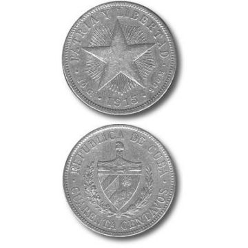 1915 40 Centavos Cuba Silver Coin, Fine