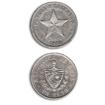 1916 1 Peso Cuba Silver Coin Ungraded KM# 15.2