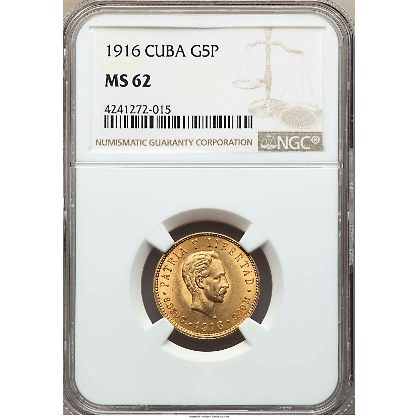 1916 5 Pesos Cuba Gold Coin MS62 KM# 19
