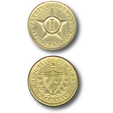 1943 1 Centavo Cuba Brass Coin Ungraded KM# 9.2a