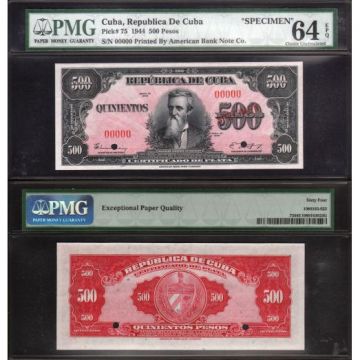 1944 Cuba Certificado Plata Specimen 500 Pesos, PMG Certified Choice 64