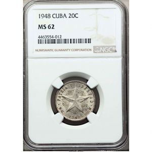 1948 20 Centavos Cuba Silver Coin MS62 KM# 13.2