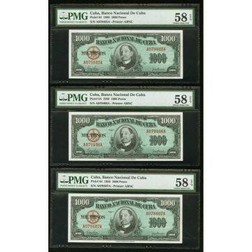 1950 Cuba 1000 Pesos THREE PMG 58 CONSECUTIVE notes Pick 84