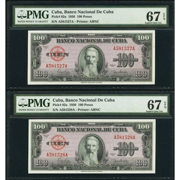 1950 Cuba 100 Pesos Pair consecutive serial numbers MS67 Banknotes