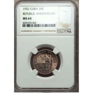 1952 20 Centavos Cuba Silver Coin MS64 KM# 24