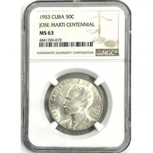 1953 50 Centavos Silver Coin, Marti 100th Birthday MS63
