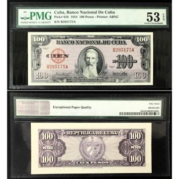 1954 Cuba 100 Pesos Cuban PMG 53 About Uncirculated Banknote