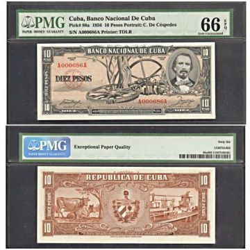 1956 Cuba 10 Pesos Cuban GEM UNC 66 Banknote pick 88c