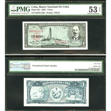 1958 Cuba 1 Peso Cuban Banknote PMG 53 Pick 87c