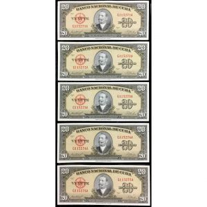 1958 Cuba 20 Pesos FIVE consecutive serial numbers Banknote