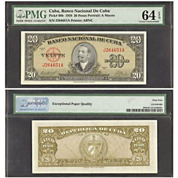 1958 Cuba 20 Pesos Cuban PMG 64 Choice Uncirculated Banknote