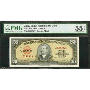 1958 Cuba 20 Pesos Cuban PMG 55 About Uncirculated Banknote