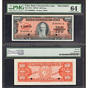 1960 Cuba 100 Pesos MUESTRA Cuban Banknote PMG64