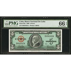 1960 Cuba 5 Pesos Banco Nacional UNC Cuban Banknote PMG 66
