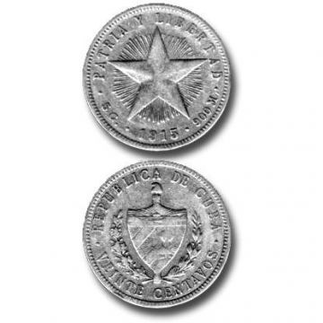 1915 20 Centavos Cuba Silver Coin Ungraded KM# 13 (Series) XF