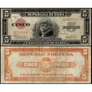 1936 Cuba Certificado Plata 5 Pesos Used Banknote