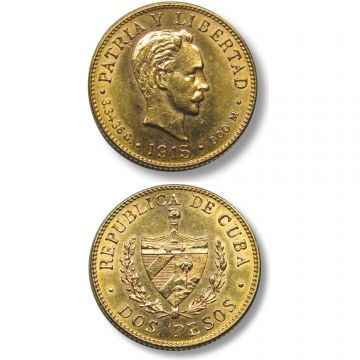 1915 2 Pesos Cuba Gold Coin Ungraded KM# 17