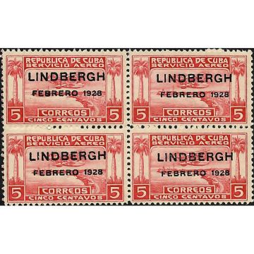 1928 SC C2 Block 4 stamps, Correo Aereo, Lindbergh 5 cents.