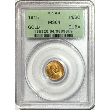 1915 1 Peso Cuba Gold Coin Mint State MS64 PCGS