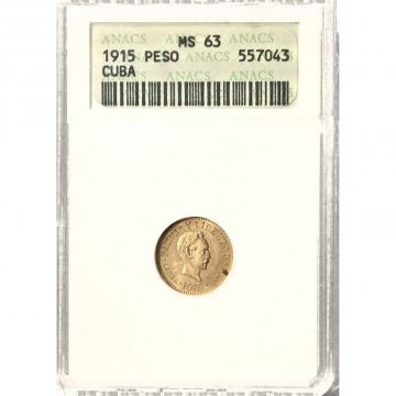 1915 1 Peso Cuba Gold Coin MS63 KM# 16