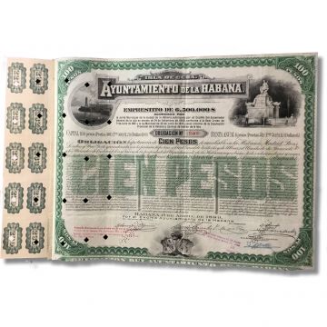 Ayuntamiento de la Habana, Excmo, 1889, 100 Pesos 1ra Hipoteca-Bond Certificate