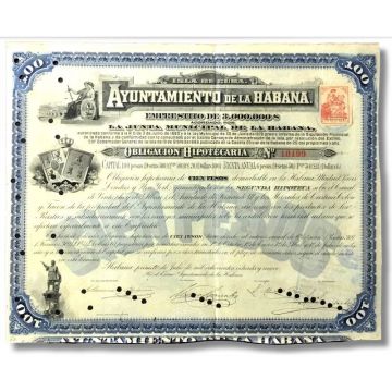 Ayuntamiento de la Habana, Excmo, 1889s, 100 Pesos 2da Hipoteca-Bond Certificate
