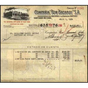Check Bacardi from the National City Bank of New York 1954 for $638.76