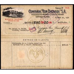 Check Bacardi de la cuenta del Banco Nunez 1957 por $250.00