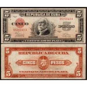 1945 Cuba Certificado Plata 5 Pesos, AU Banknote