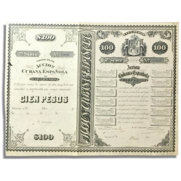 Accion Cubana Espanola, 1876, 100 Pesos Stock Certificate