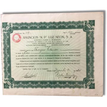 Anuncios KP Luz neon, SA 1934, Accion comun Stock Certificate