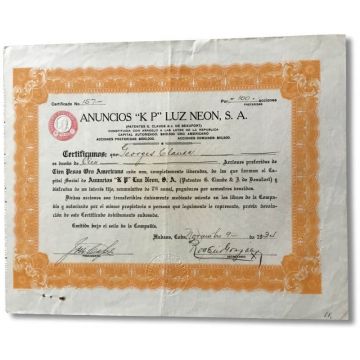Anuncios KP Luz neon, SA 1934, Accion preferida Stock Certificate