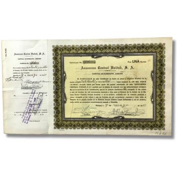 Azucarera Central Unidad, 1951, UNA Accion, Stock Certificate
