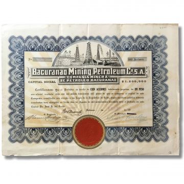 Bacuranao Mining Petroleum Co SA, 1918, 100 Acciones Stock Certificate