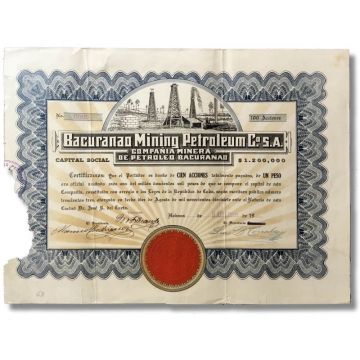 Bacuranao Mining Petroleum Co SA, 1918, 100 Acciones 100 Defective Stock Certificate